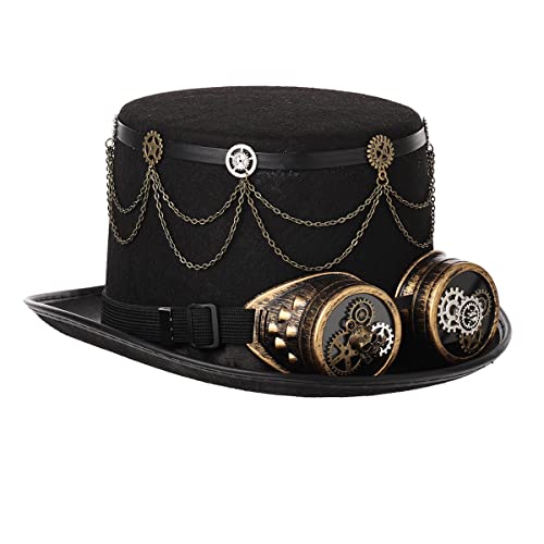 BPURB Unisex Erwachsene Steampunk Zylinder Hut mit Brille Damen Herren Punk Halloween Cosplay Karneval Kostüm Zubehör (Schwarz, 61cm/24.02 inches)