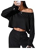 GORGLITTER Women's Asymmetrical Off Shoulder Cropped T Shirts Long Sleeve Loose Casual Tops Black Large