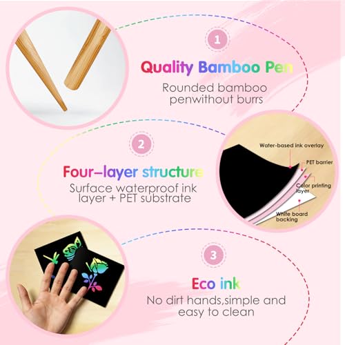 Eommmgl-180 Rainbow Scratch Paper Set,Scratch Art for 4-12 Kids, Mini Notes Arts and Craft Supplies,Matching Random Personalized Stencils ,Christmas Gift,School Classroom Activities, Travel Carrying.