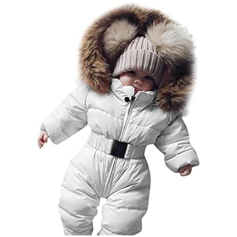 Baby Winter Hooded Jacket, Hooded Jumpsuit for Baby Boys Girls, Winter Warm Zipper Down Jacket Overalls Puffer Coat with Quilted Faux Fur Romper Footless Onesies All in One Snowsuit Outerwear 3-24M Cover