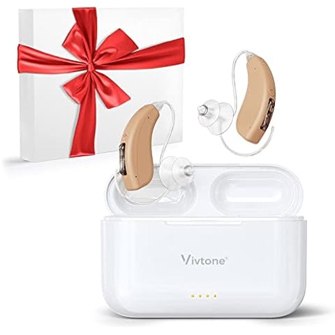 Vivtone Rechargeable Hearing Aids for Seniors Adults, Advanced Multi Channel Digital BTE Hearing Assist, with Recycle Charging Case for 125 Hrs Backup Power, Auto-On/Off, Pair, Lucid508-Beige Cover