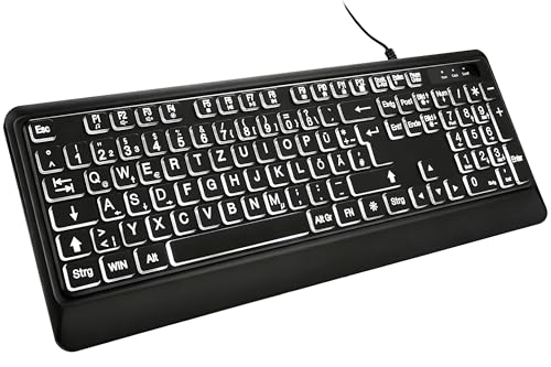 DHKBL Großschrift Computertastatur mit sanfter weißer Hintergrundbeleuchtung – Kabelgebundene DE-Vollformat-Tastatur mit Ziffernblock, verstellbaren Füßen, für Büro, Homeoffice & Windows PC (QWERTZ)
