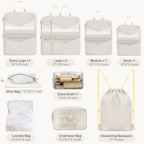 10 Set Compression Packing Cubes for Travel, Suitcase Organizer Bags Set for Travel Accessories, Lightweight Essentials, Beige3