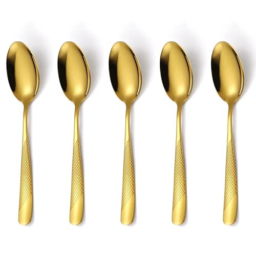 Image of Aurum Gold French Style Silverware | 5-Piece Hammered Dinner Spoon Set | Premium 18 /10 Stainless Steel Flatware | Elegant & Durable Cutlery for Home, Restaurants & Gifting