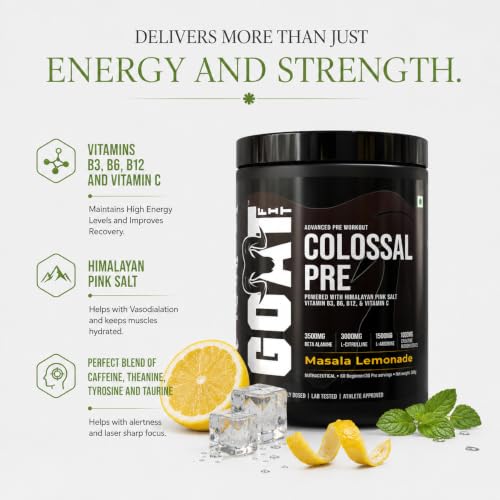 Image of GOAT Fit Colossal Pre | PreWorkout Powder 200mg Caffeine 3.5g Beta-Alanine 3g Citrulline 1.5g Arginine 1g Creatine with Himalayan Pink Salt (180gm - 15 Servings, Masala Lemonade)