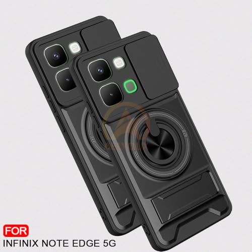 Image of Infinix Note Edge 5G Back Cover | Armor Camera Slider 360 Degree Rotating Finger Ring Holder Case with Bracket Stand Back Case Cover (Compatible with MagSafe Accessories) (Black)