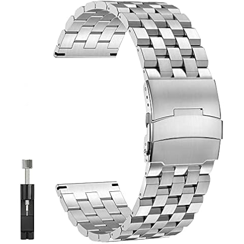 QUNDAXI Stainless steel Watch Band 18mm 20mm 22mm 24mm luxury metal Quick Release Watch Bands for Men (18mm, Silver) Cover