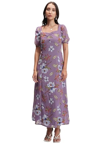 Image of Tokyo Talkies Women's Elegant Floral | A-Line Midi Dress | Sweetheart Neck | Short Sleeves |Front Slit & Gathered Detail