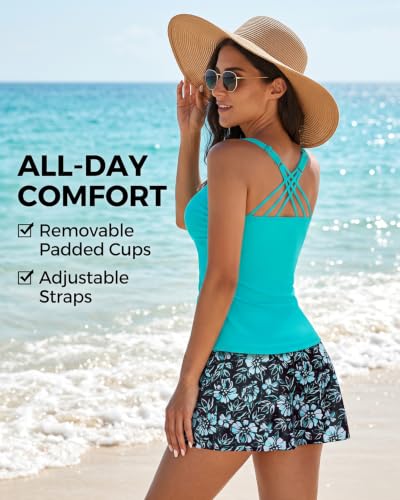 Image of Daci Womens Tankini Swimsuits with Skirt 2PC Bathing Suit | Tummy Control, V Neck, Full Coverage, Removable Pads, High Waisted Skirt, Side Drawstring, Adjustable Straps, Beach, Pool