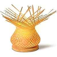 BarcelonaLED Lámpara de mesa Vintage pantalla en mimbre bambú trenzada rústica, base de madera con portalámparas E27 LED para cabecera dormitorio salón escritorio mesita de noche