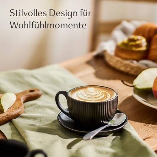 Cosumy Cappuccinotassen Schwarz mit Untertassen - 6er Set - 200ml - Streifenmuster Keramik - Spülmaschinenfest - Cappuccino Tassen mit Henkel - Matt