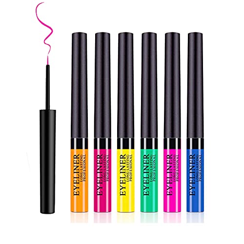 6 Colors Waterproof Long Lasting Quick Dry Rainbow Eyeliner，Neon White Black Red Brown Green Eye Liners，High Pigmented Smudgeproof Liquid Eyeliner Makeup Set，Smudgeproof Makeup Eyeliner Pen