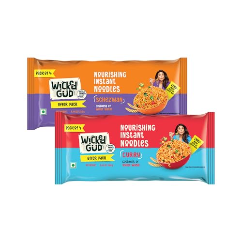 Image of Wickedgud Whole Wheat Schezwan & Curry Noodles 240g Pack of 2| No Maida | No Palm Oil | Source of Protein