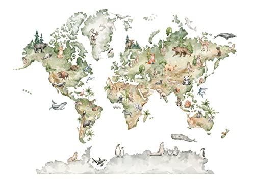 Papel Pintado Infantil Mapa Mundi Animales - impresión de látex - Incluye Pegamento - Fotomurales Pared Tejido No Tejido Decorativos Murales Fotográfico XXL Moderno Decoración de Paredes (254x184 cm)