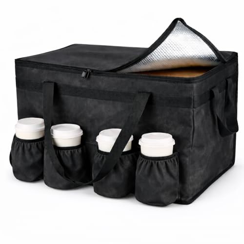 Bodaon Insulated Food Delivery Bag with 4 Cup Holders, XXL Commercial Grade Thermal Pizza Carrier Bag, Keeps Food Hot or Cold, Heavy Duty Food Bag with Drink Carrier, Catering and Grocery Delivery Bag