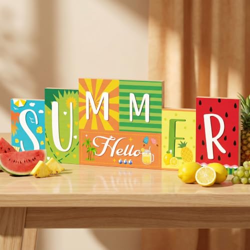 Purpeak Hello Summer Table Decor Beach Party Centerpiece Wooden Sign for Home Office Indoor Outdoor Tiered Tray Shelf