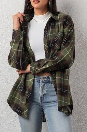 Image of CHYRII Womens Button Down Flannel Shirts Long Sleeve Plaid Shackets Business Casual Blouse Top