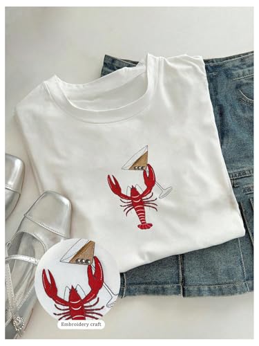 Image of RoseSeek Women's Cute Embroidered Tops Crew Neck Short Sleeve T Shirts Casual Going Out Tops