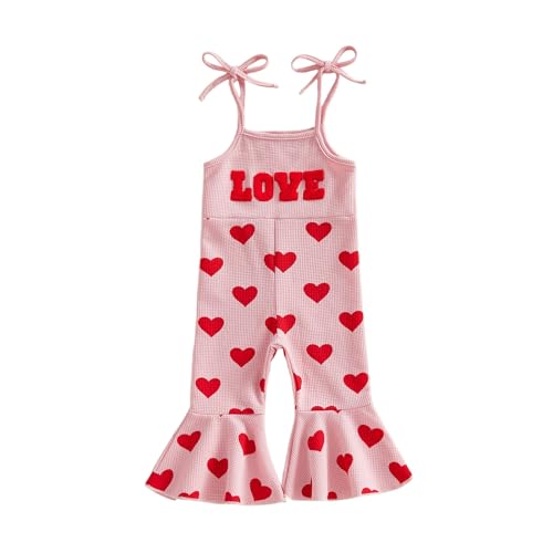 ABlibuy Toddler Baby Girl Valentines Day Outfit Overalls Love Heart Embroidery Romper Bell Bottom Jumpsuit Flare Pants (Love Heart, 2-3T)