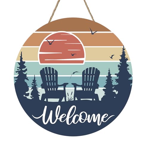Bolisom Welcome Lake Life Front Door Sign, Lake House Chair Sunset Wood Hanger Outdoor Outside Porch Home Decor, Lakeside Pine Tree Wooden Wreath Indoor Wall Hanging Decoration