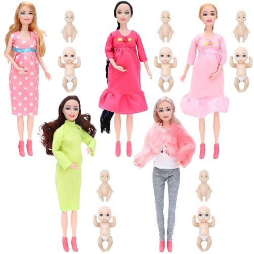 ONEST 5 Sets 11.5 Inches Pregnant Dolls Include 5 Pieces Pregnant Dolls 5 Pieces Handmade Doll Clothes 5 Pairs of Doll Shoes and 10 Little One