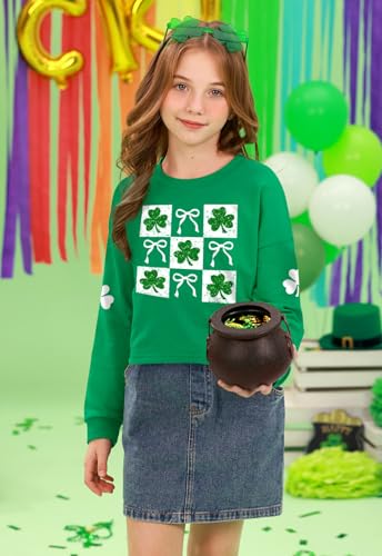 Image of Tween Girl St. Patrick's Irish Lucky Four Leaf Glitter Clover Bow Crop Top Green White Long Sleeve Shirt 14 Years
