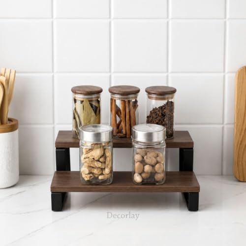 Image of Decorlay 2-Tier Metal & Laminated Board Spice Rack Organizer Kitchen countertop rack Size: 30x18.5x13 CM Color: Brown & Black