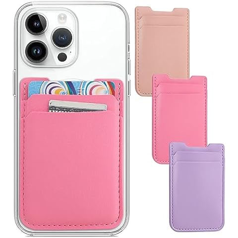 Fulgamo Phone Wallet Stick on,3Pack Phone Card Holder for Phone Case, Leather Credit Card Sticky Wallet Double Pocket Sticker Back of iPhone, Android, Samsung-Hot Pink,Purple,Nude Cover
