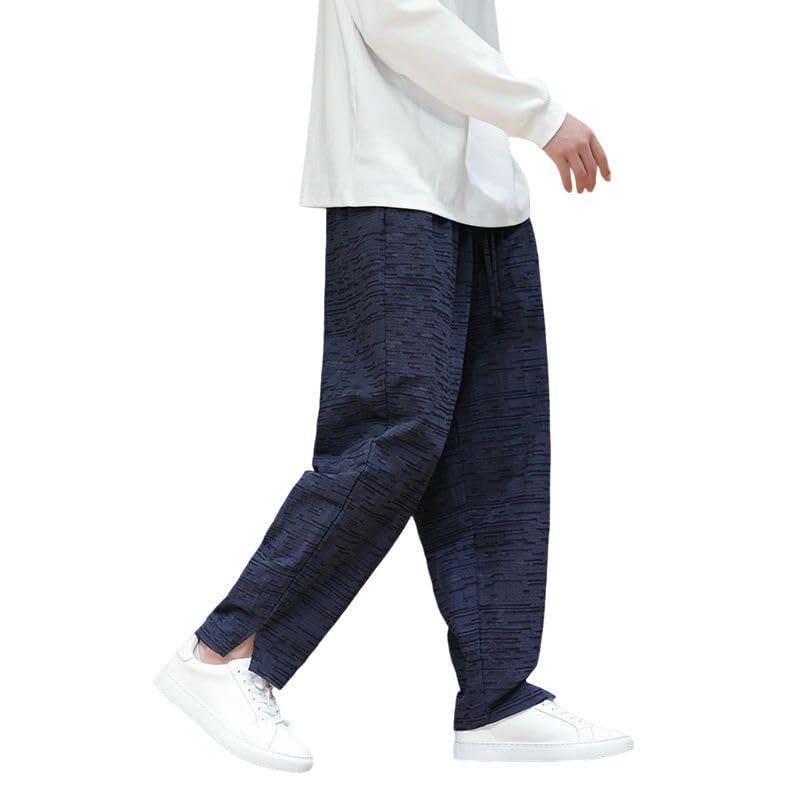 Pantalon en coton et lin ample jacquard rétro à cordon - 4