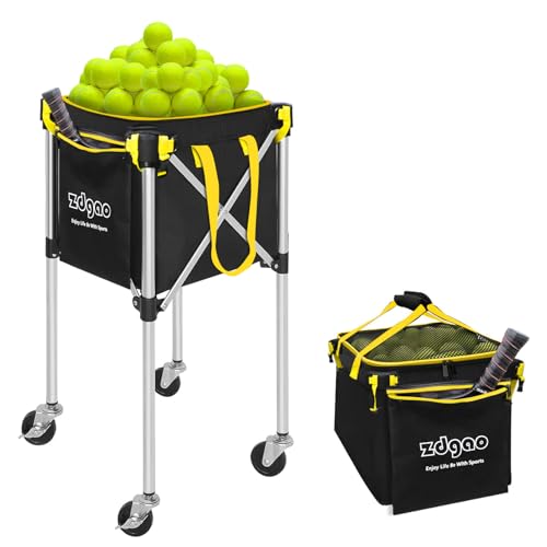 LOMGWAYS Pickleball Tennis Ball Hopper-Foldable Lightweight Tennis Ball Cart Holds 180 Tennis with Removable Bag,Wheel,Side Pocket for Training/Teaching, for Tennis/Pickleball/Baseball/Softball