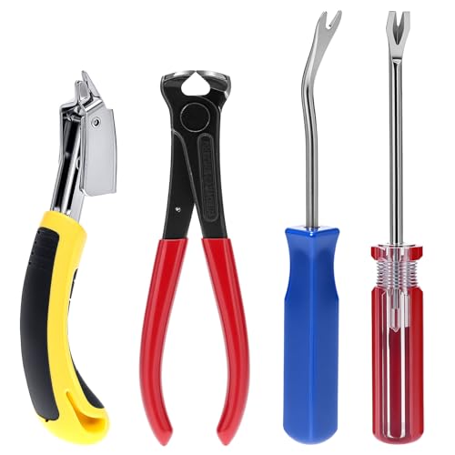 QWORK 4 Pcs Staple Remover Tool and Nail Puller Set, End Cutting Plier, V Tip Tack Pullers, for Furniture Floor Wall Car