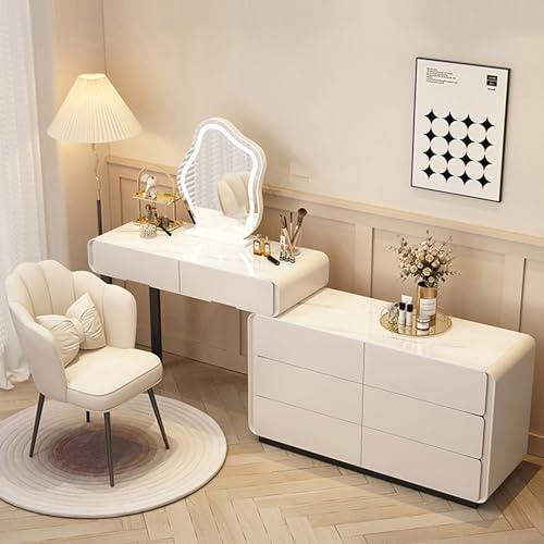 DRemdo Solid Wood Vanity Desk -Vanity Table Made of High-Grade Pine Wood, Removable LED Vanity Mirror,Telescopic cabinet body,compartmentalized Storage Drawers,Excluding stools(White,80cm/31.5in)
