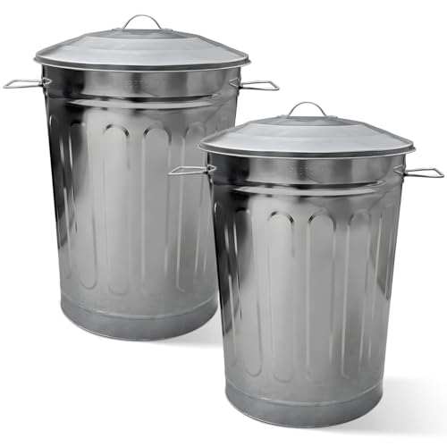 Image of Plexon 13 Gallon Outdoor Metal Trash Can with Lid Vintage Trash Can Steel Retro Garbage Can for Patio Farmhouse Rustic Bird Seed Storage Pet Food Ash Bucket, Galvanized Steel 2 Pack