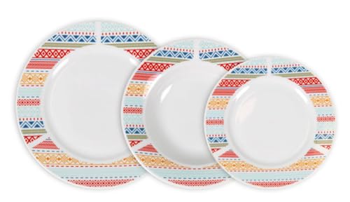 Vajilla Completa Decorada de Porcelana con Colores Vivos – 18 Piezas (6 Platos Llanos 24cm, 6 Hondos 21,5cm y 6 de Postre 19cm) – Diseño Alegre y Original