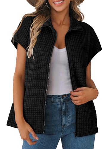 Dokotoo Womens Spring Summer Fashion 2026 Casual Turn-down Collar Zipper Up Cap Sleeve Vests Side Pockets Waffle Knit Solid Color Black Vest Women Small