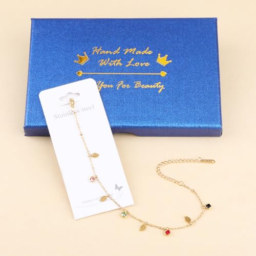 Image of 18K Gold Plated Stainless Steel Dainty Charms Colorful Crystal Birthstone Bracelet Minimalist Cute Jewelry for Women
