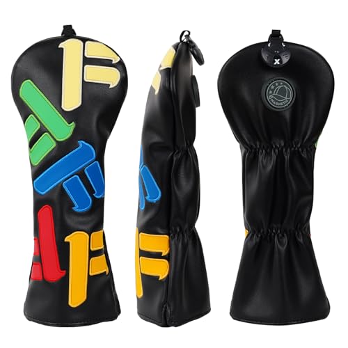 Golf Club Head covers Fairway Wood FW with Interchangeable Number Tag 3457X Elastic Closure Black PU Leather Multicolored Text
