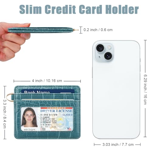 Image of Slim Credit Card Holder Crocodile Wallet Women Thin Wallets | Alligator Print RFID Blocking Minimalist Lightweight Pocket Small Cute Cards Holders ID Window, Blue Croc