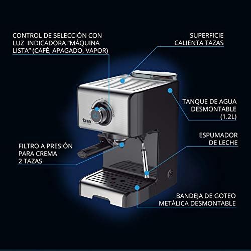 TM Electron TMPCF101 Cafetera espresso manual con presión de 15 bar, 1200  W, tanque de 1,2 L, espumador de leche, 3 funciones, de acero inoxidable, 1  tazas : Amazon.es: Hogar y cocina