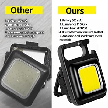 MADRIC COB Small Flashlights 1000 Lumens Mini Keychain Flashlight, Rechargeable cob Keychain Work Light with Folding Bracket Bottle Opener for Fishing Walking Camping (2 Pack) 1