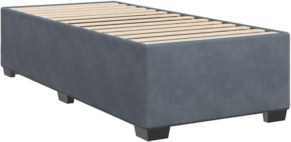 Twin Bed Frame Dark Gray Velvet 100% Polyester with Plywood Engineered Wood Slatted Platform Foundation for Bedroom Modern Minimalist Mattress Support Durable Sturdy Furniture