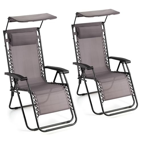 VonHaus Zero Gravity Chairs with Canopy Set of 2 - Grey Reclining Sun Loungers for Garden -...