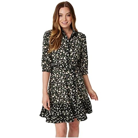 Izabel London Floral 3/4 Sleeve Short Shirt Dress for Women UK with v-Neck Collar and tie Detail Belt. Black Cover