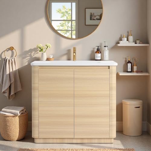 Image of 36 inch Bathroom Vanity with Ceramic Sink, Freestanding Bathroom Vanity with 2-Soft-Close Door, Soft-Closing Hinges & Hidden Handles for Home, Farmhouse, Easy to Clean Design, White Oak