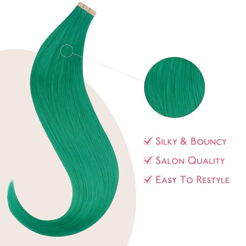 Image of WENNALIFE Tape in Hair Extensions Human Hair Green Tape in Extensions, 10pcs 30g 22 inch Remy Invisible Tape Ins Straight Colored Soft Real Human Hair Tape in Extensions Refill Set Extensions