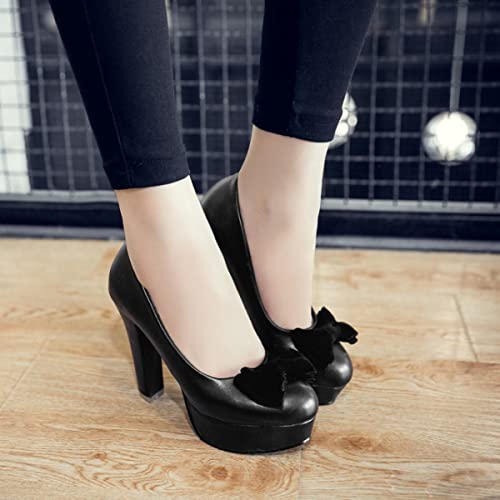HuangTaiJi Qing Women's Cute Bow-Knot Platform High Heeled Pumps, Sweet Round Toe Slip on Dress Shoes for Party3