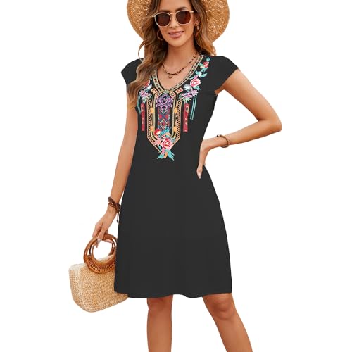drakloak Vestido de verano para mujer, bohemio, bordado, cuello en V, vestido de verano, mangas con volantes, bohemio, hasta la rodilla, vestido hippie, vestido de playa, vestido informal, 755-negro,