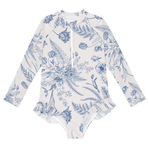susiyo Retro Blue Flowers Girls Long Sleeve One Piece Swimsuits Rash Guard Bathing Suit UPF 50+ Zipper Girl Swimwear