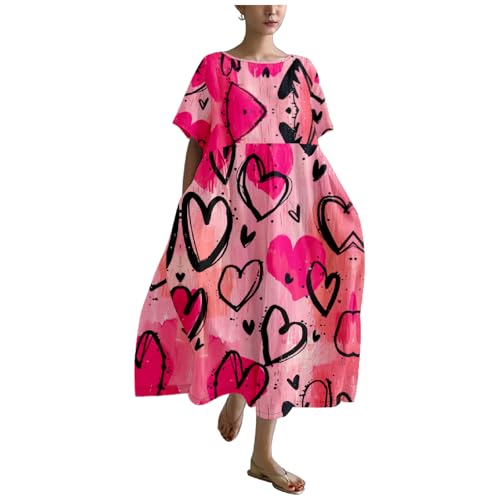 Pink Summer Maxi Dresses for Women 2024 Linen Heart Print