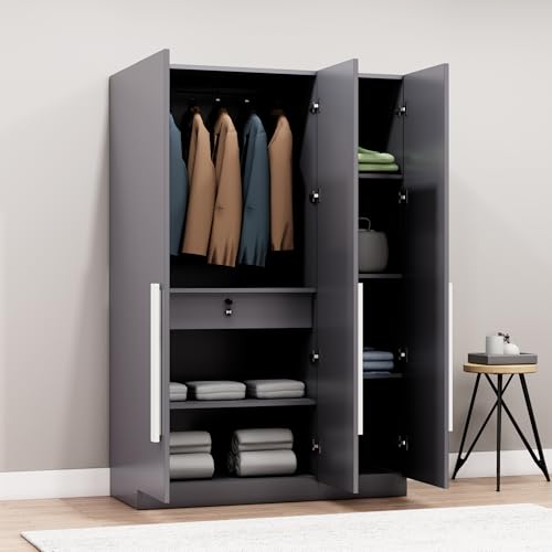 Image of Bniture 3 Door Wardrobe for Bedroom with Lockable Door & Hanging Space | Almirah for Clothes with Elevated Bottom Base | Wardrobe for Storage Cupboard | 3 Years Warranty (Slate Grey, 3 Door